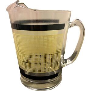 Hazel Atlas Glass Juice Pitcher Yellow Black Burlap Retro Mid Century 1960s 8”